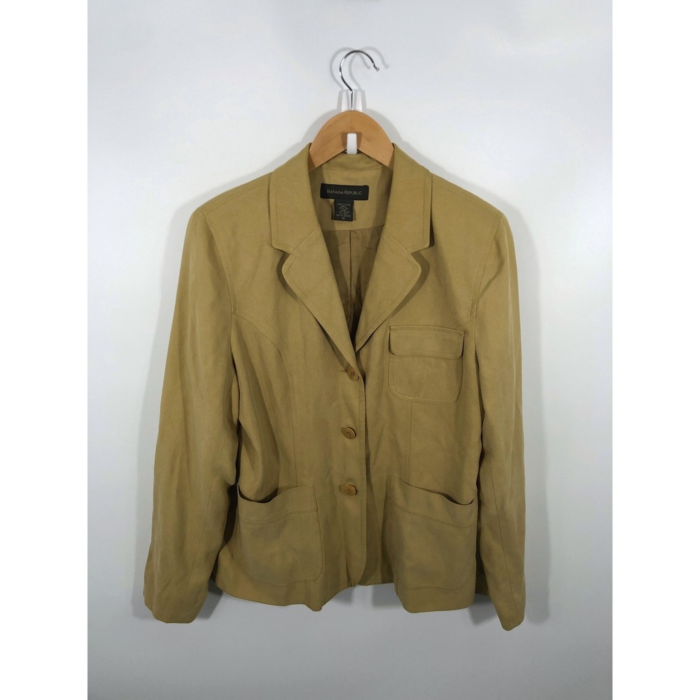 Banana Republic 100% Silk Blazer Womens 10 Tan Patch Pockets Ivy Prep Old Money